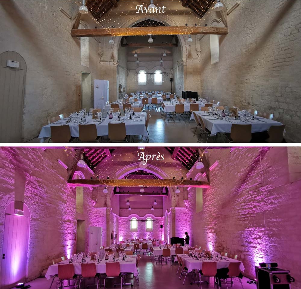 Eclairages d'une salle avant et après avoir mis les leds dj mariage Montpellier